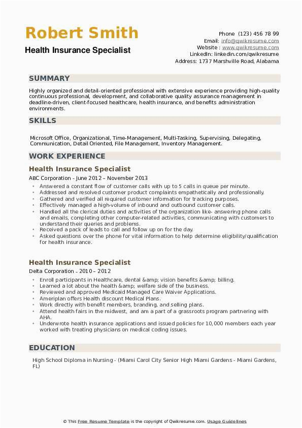 Sample Resume for Health Insurance Specialist Health Insurance Specialist Resume Samples