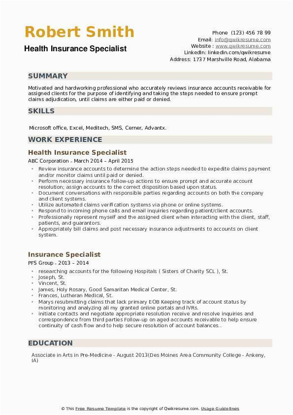 Sample Resume for Health Insurance Specialist Insurance Specialist Resume Samples