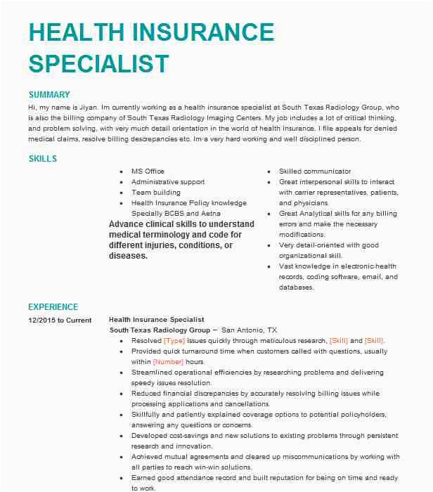 Sample Resume for Health Insurance Specialist Lead Health Insurance Specialist Resume Example University