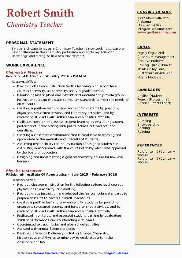 Sample Resume for High School Chemistry Teacher Chemistry Teacher Resume Samples
