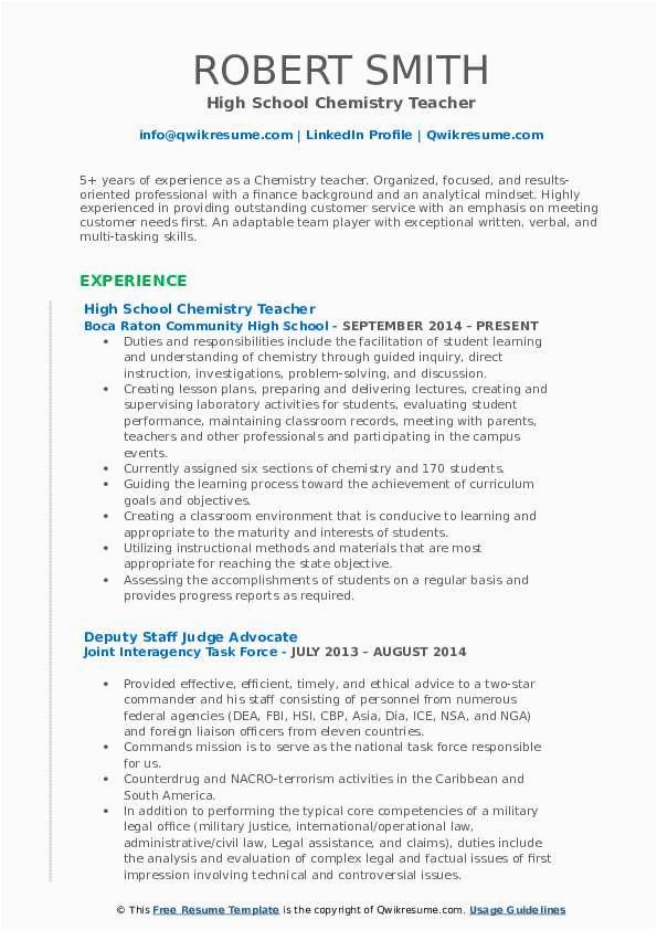 Sample Resume for High School Chemistry Teacher Chemistry Teacher Resume Samples