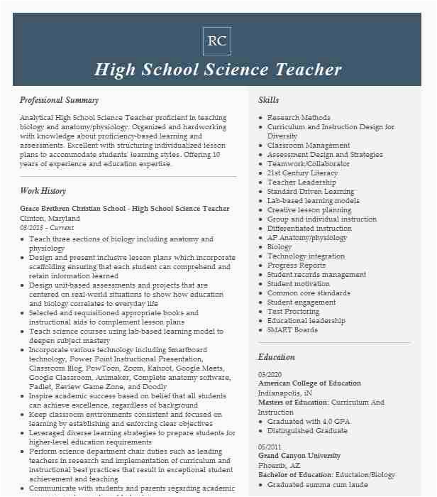 Sample Resume for High School Chemistry Teacher High School Science Teacher Resume Example Pany Name