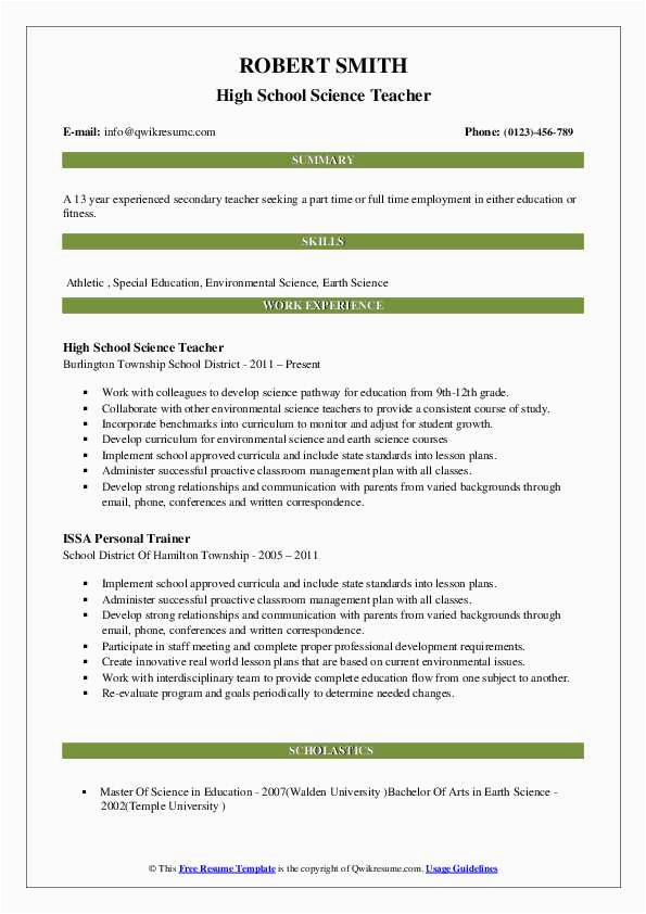 Sample Resume for High School Chemistry Teacher High School Science Teacher Resume Samples