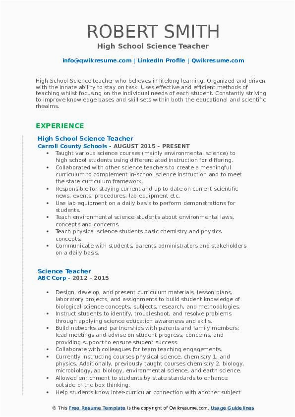 Sample Resume for High School Chemistry Teacher High School Science Teacher Resume Samples