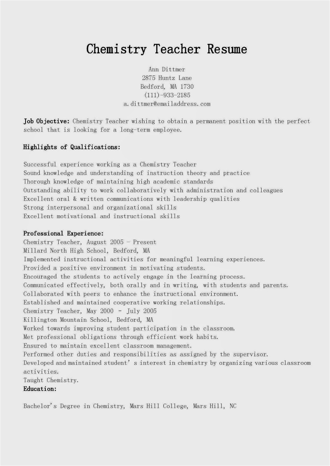 Sample Resume for High School Chemistry Teacher Resume Samples Chemistry Teacher Resume Sample