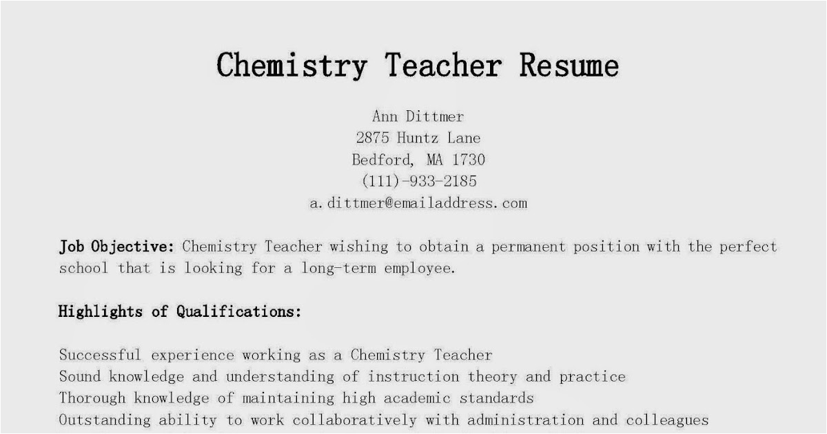 Sample Resume for High School Chemistry Teacher Resume Samples Chemistry Teacher Resume Sample