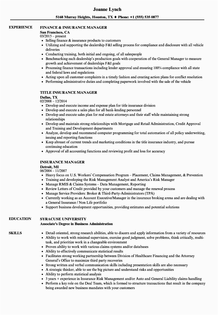 Sample Resume for Insurance Sales Manager Insurance Manager Resume Samples