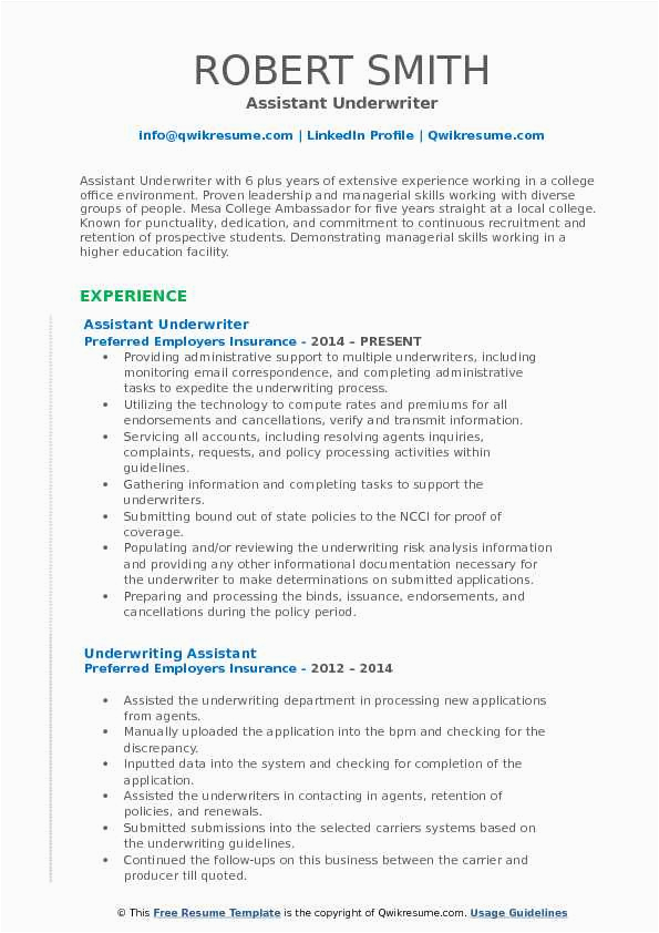 Sample Resume for Insurance Underwriter assistant assistant Underwriter Resume Samples