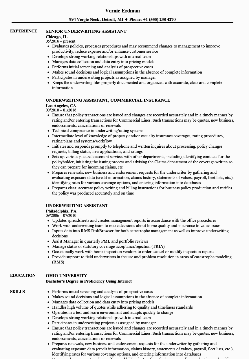 Sample Resume for Insurance Underwriter assistant Underwriting assistant Resume Samples