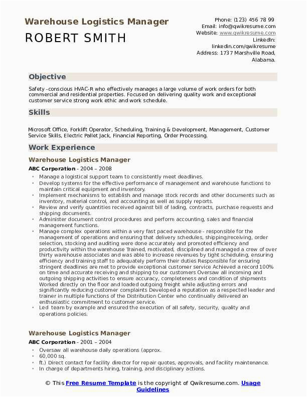 Sample Resume for Logistics Manager In India Warehouse Logistics Manager Resume Samples