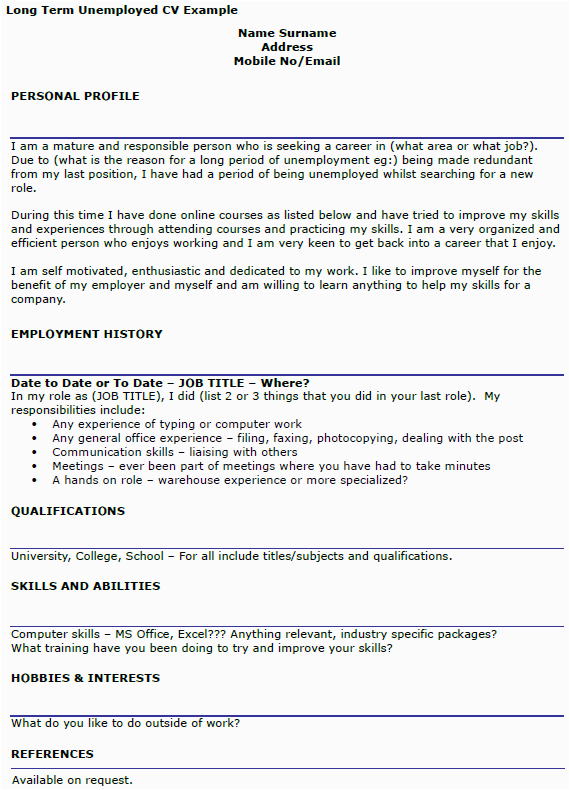 Sample Resume for Long Term Unemployed Long Term Unemployed Cv Example Icover