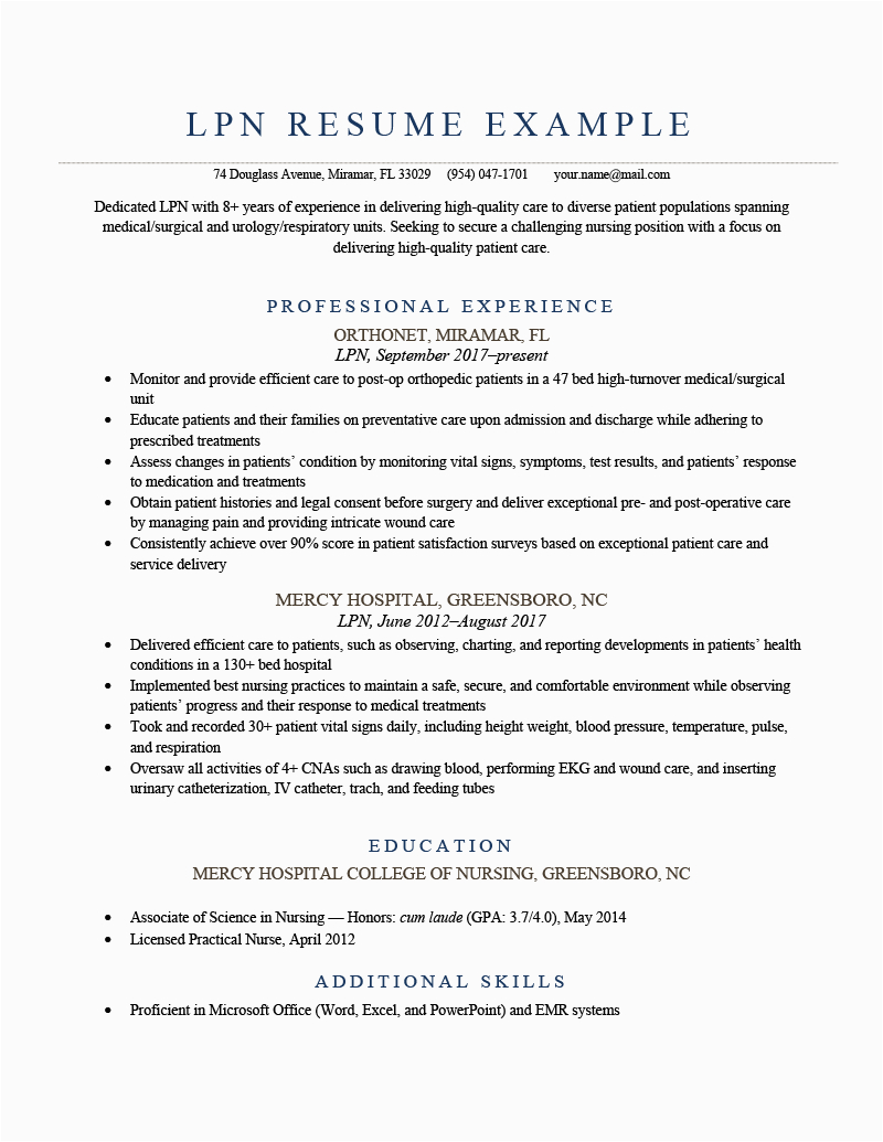 Sample Resume for Lpn with Experience Lpn Resume Example [free Sample for Download]