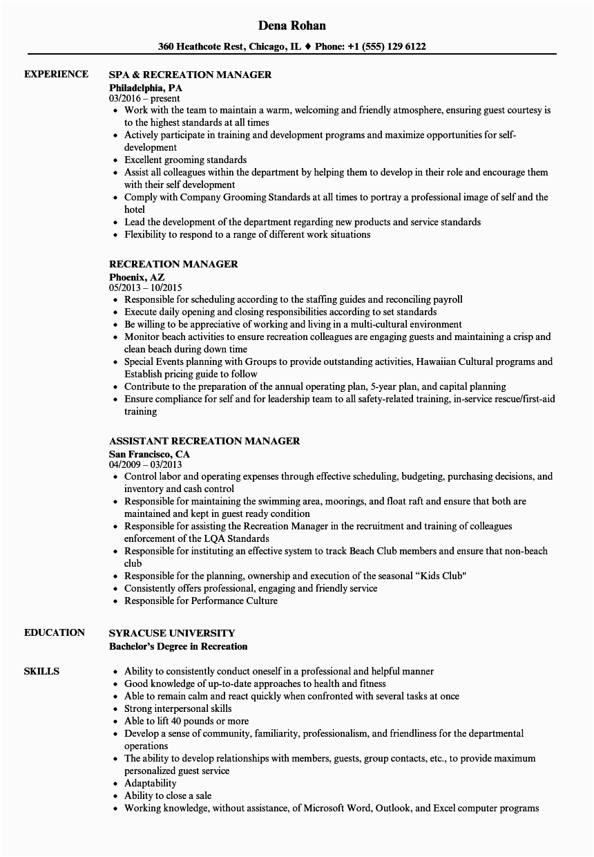 Sample Resume for Managing Director Position Recreation Director Resume