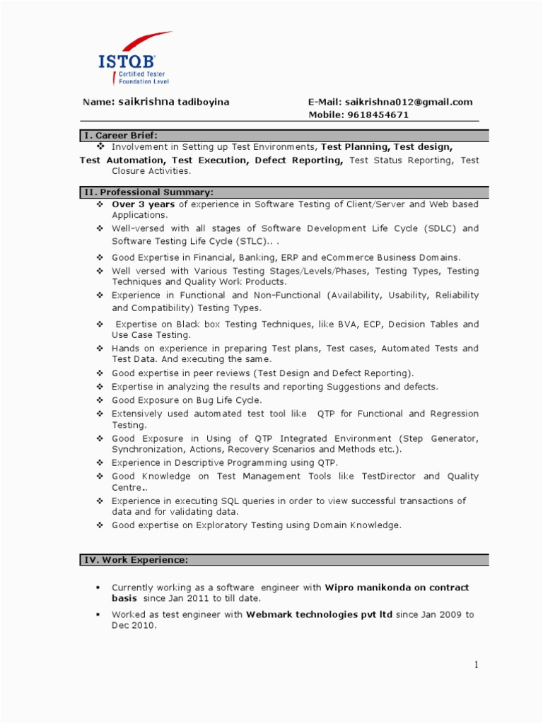 Sample Resume for Manual Testing with 1 Year Experience Manual Testing Experienced Resume 1