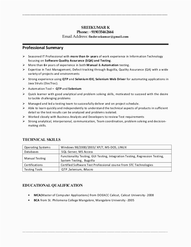 Sample Resume for Manual Testing with 1 Year Experience Resume for software Testing with E Year Experience