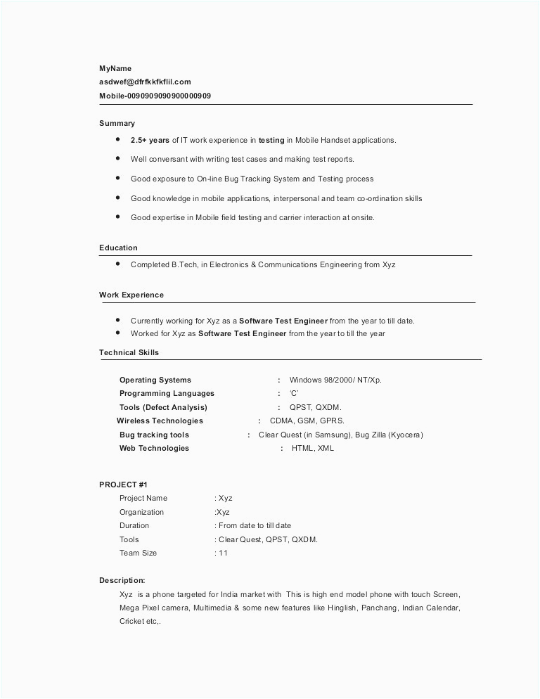 Sample Resume for Manual Testing with 1 Year Experience software Testing Resume Samples for 1 Year Experience