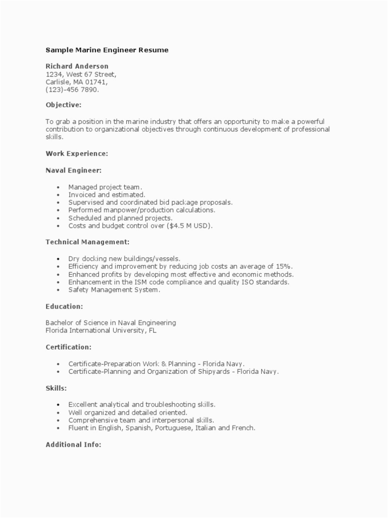 Sample Resume for Marine Engineering Apprenticeship Sample Marine Engineer Resume