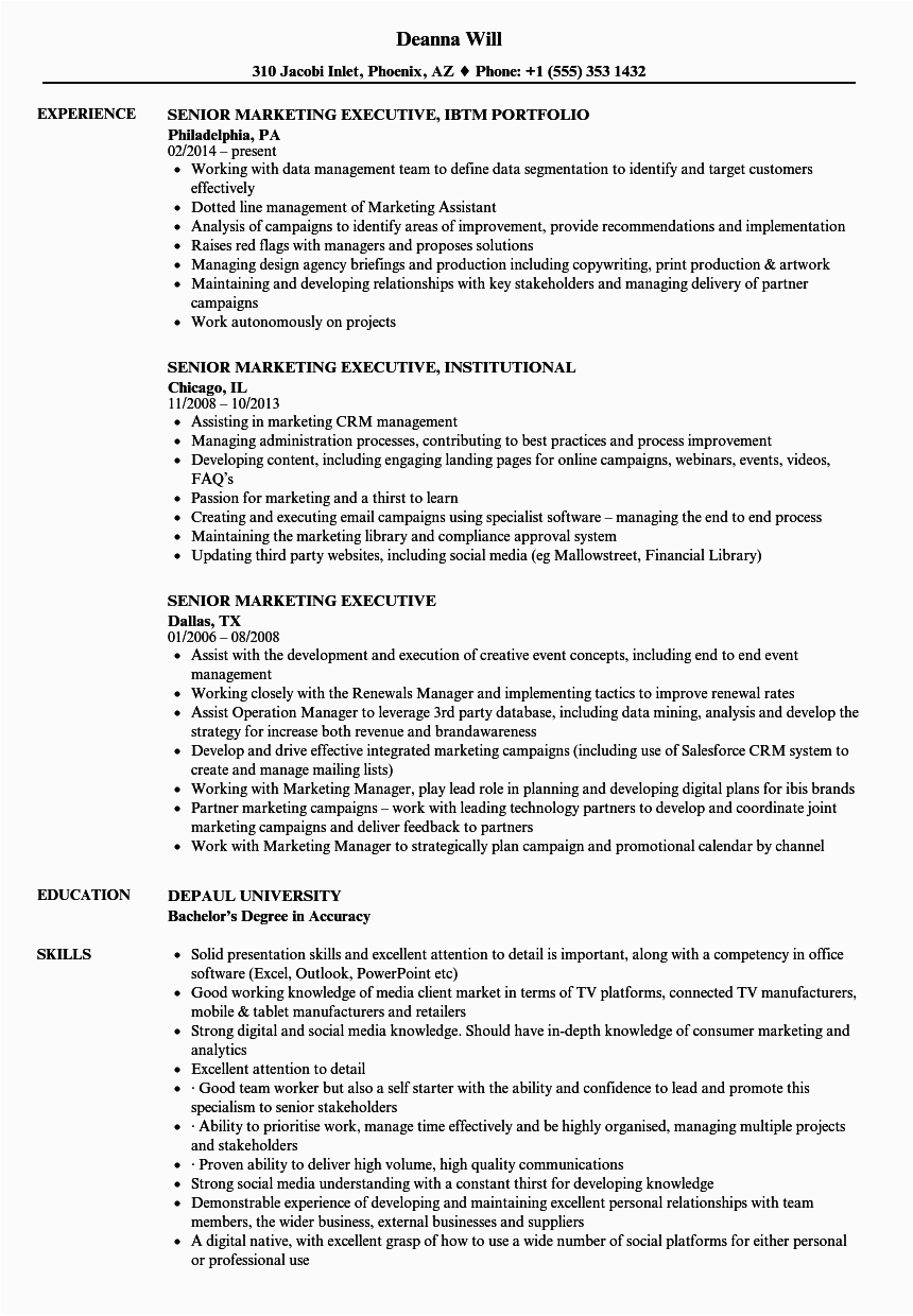 Sample Resume for Marketing Executive Position Senior Marketing Executive Resume Samples