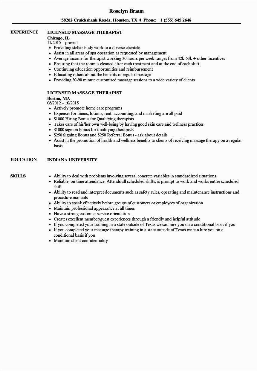 Sample Resume for Massage therapist with No Experience Licensed Massage therapist Resume Samples