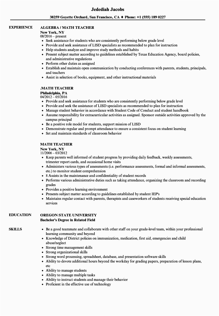 Sample Resume for Math Teaching Position Math Teacher Resume Samples