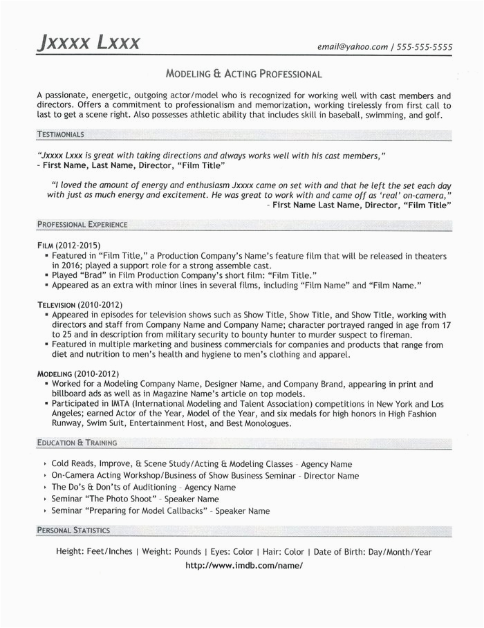 Sample Resume for Models and Actors Model & Acting Resume