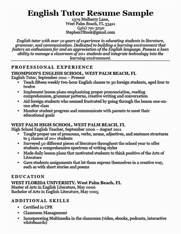 Sample Resume for Online English Tutor English Tutor Resume Sample