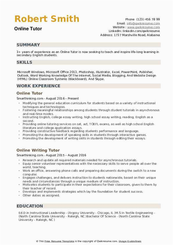 Sample Resume for Online English Tutor without Experience Line Tutor Resume Samples