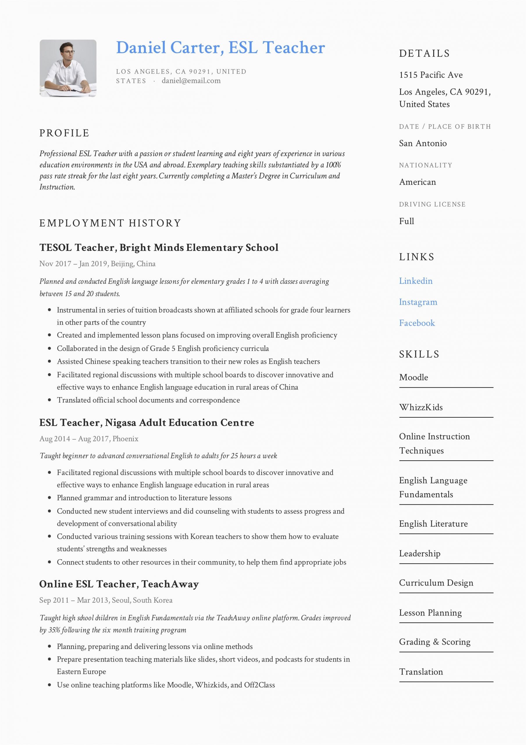 Sample Resume for Online Esl Teacher Esl Teacher Resume Example