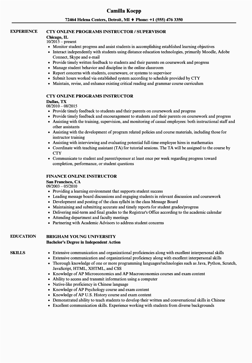 Sample Resume for Online Teaching Position Puter Instructor Resume