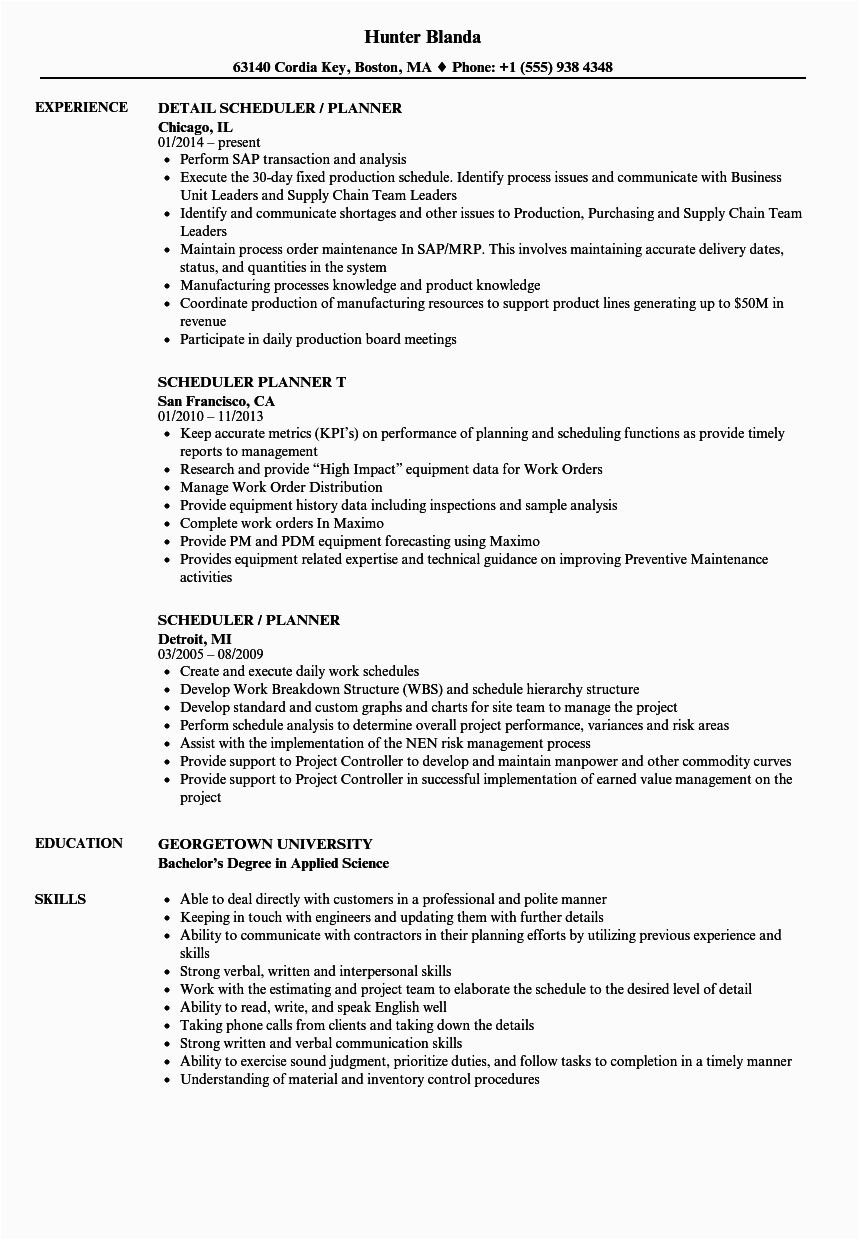 Sample Resume for Project Planner Scheduler Scheduler Planner Resume Samples