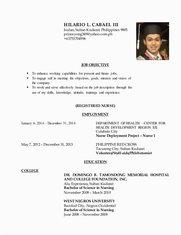 Sample Resume for Registered Nurse In Philippines Curriculum Vitae Nurse Philippines