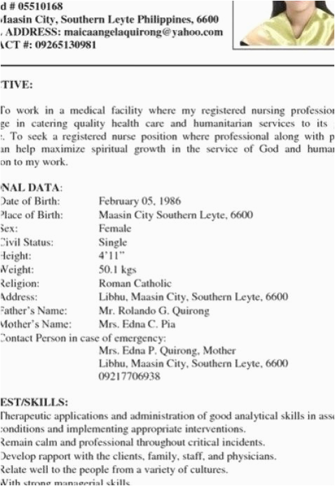 Sample Resume for Registered Nurse In Philippines Sample Resume Registered Nurse Philippines