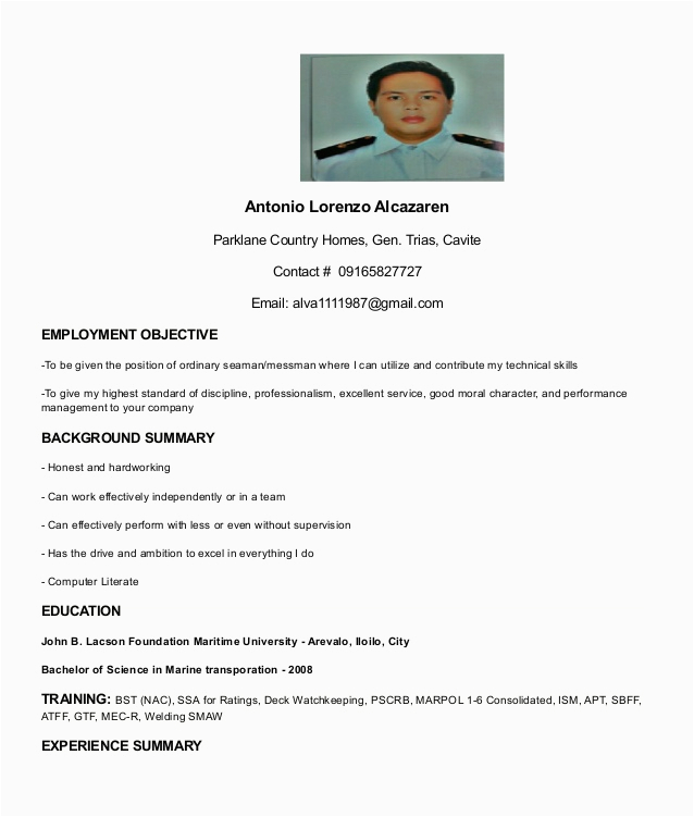 Sample Resume for Seaman Deck Cadet Resume Seaman