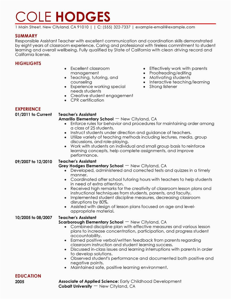 Sample Resume for Special Education Teacher assistant Best assistant Teacher Resume Example