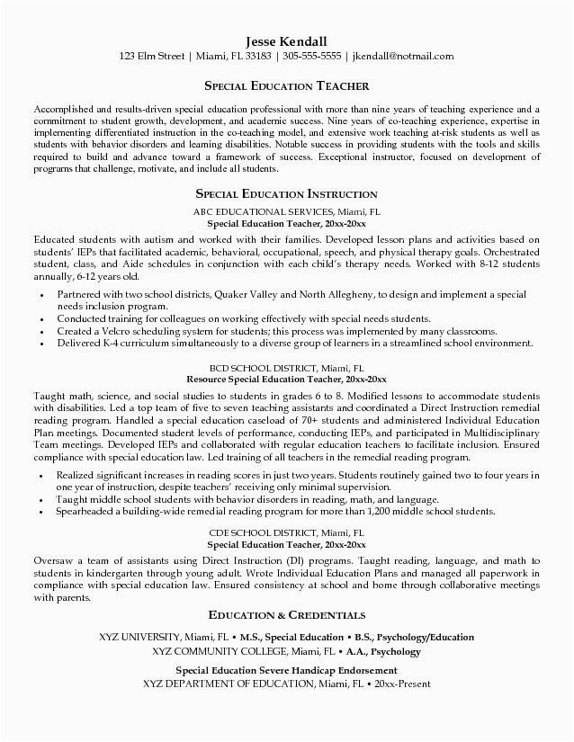 Sample Resume for Special Education Teacher assistant Special Education Resume