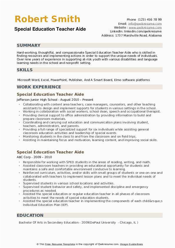 Sample Resume for Special Education Teacher assistant Special Education Teacher Aide Resume Samples