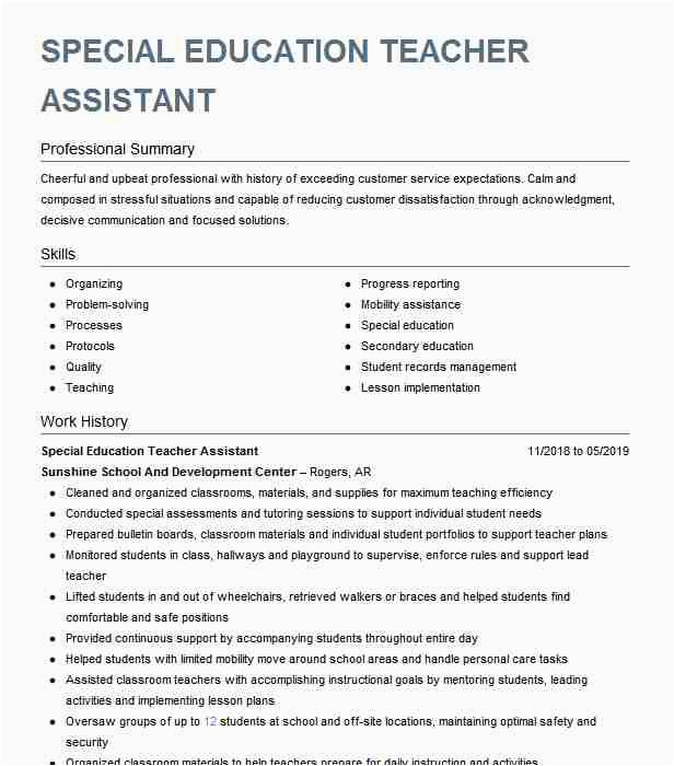 Sample Resume for Special Education Teacher assistant Special Education Teacher assistant Resume Example Pany