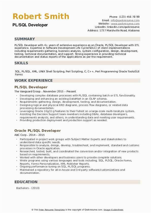 Sample Resume for Sql Developer Fresher Pl Sql Developer Resume Samples