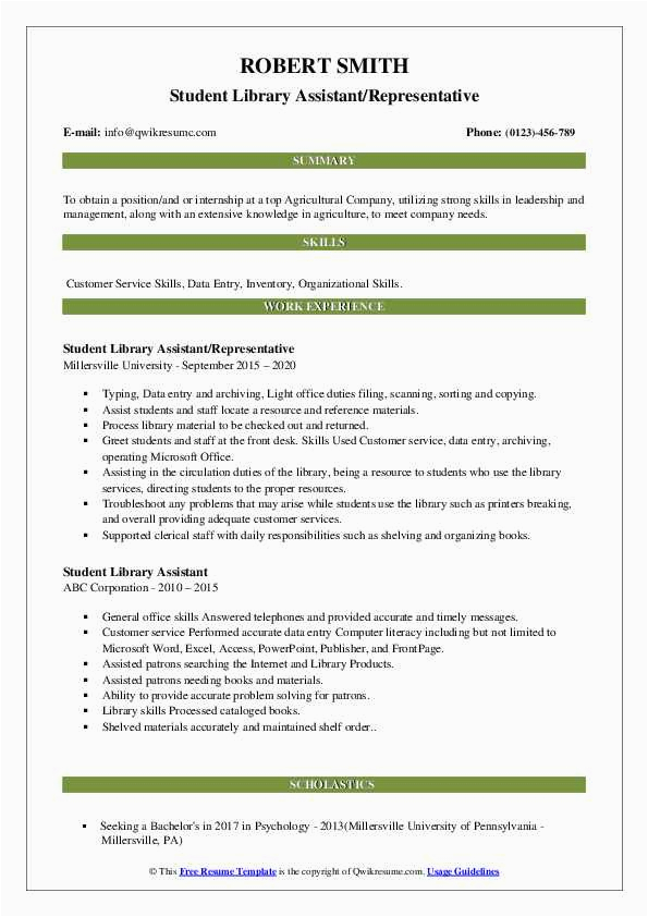 Sample Resume for Student Library assistant Student Library assistant Resume Samples
