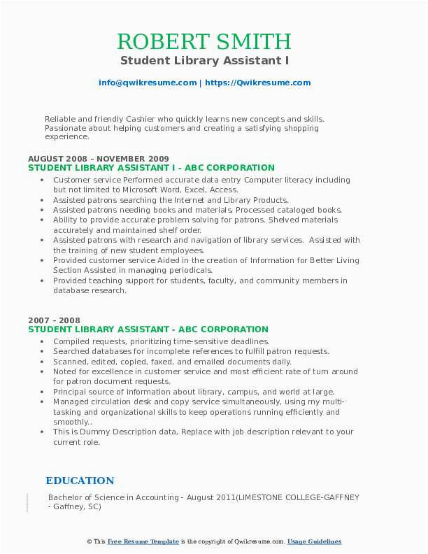 Sample Resume for Student Library assistant Student Library assistant Resume Samples