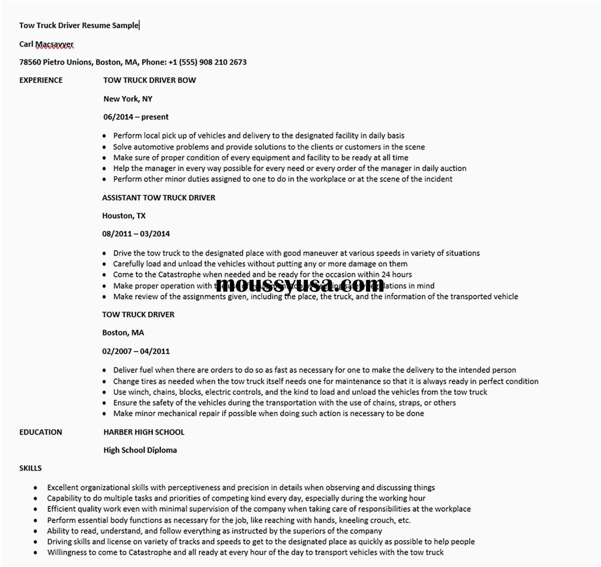 Sample Resume for tow Truck Driver tow Truck Driver Resume Sample In 2020