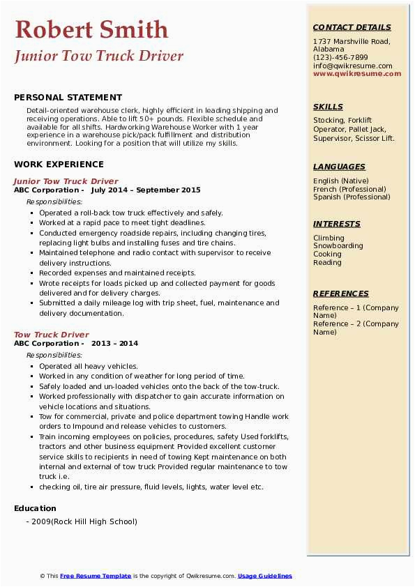Sample Resume for tow Truck Driver tow Truck Driver Resume Samples