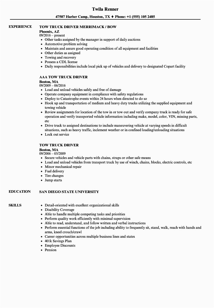 Sample Resume for tow Truck Driver tow Truck Driver Resume Samples
