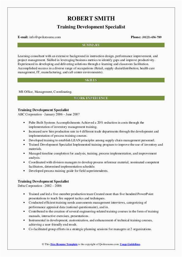 Sample Resume for Training and Development Specialist Pdf Training Development Specialist Resume Samples