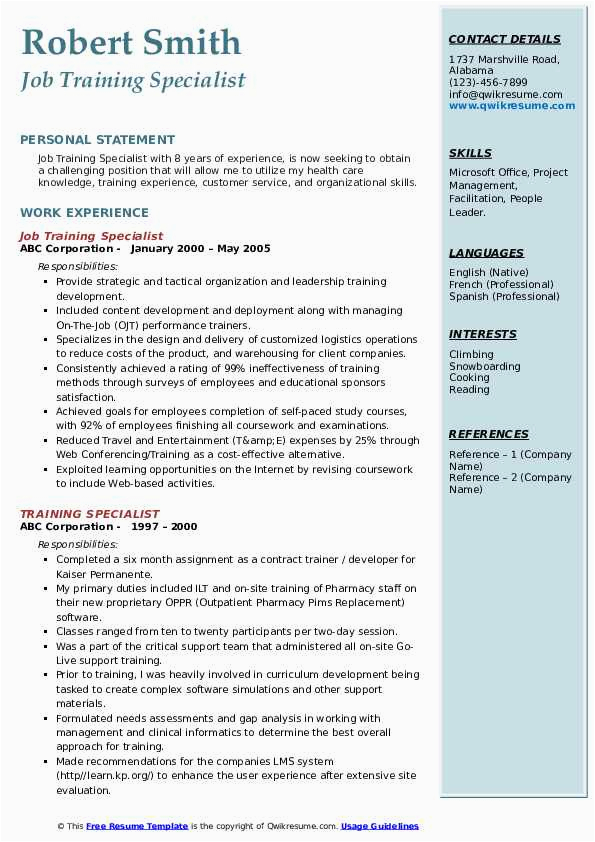 Sample Resume for Training and Development Specialist Pdf Training Specialist Resume Samples