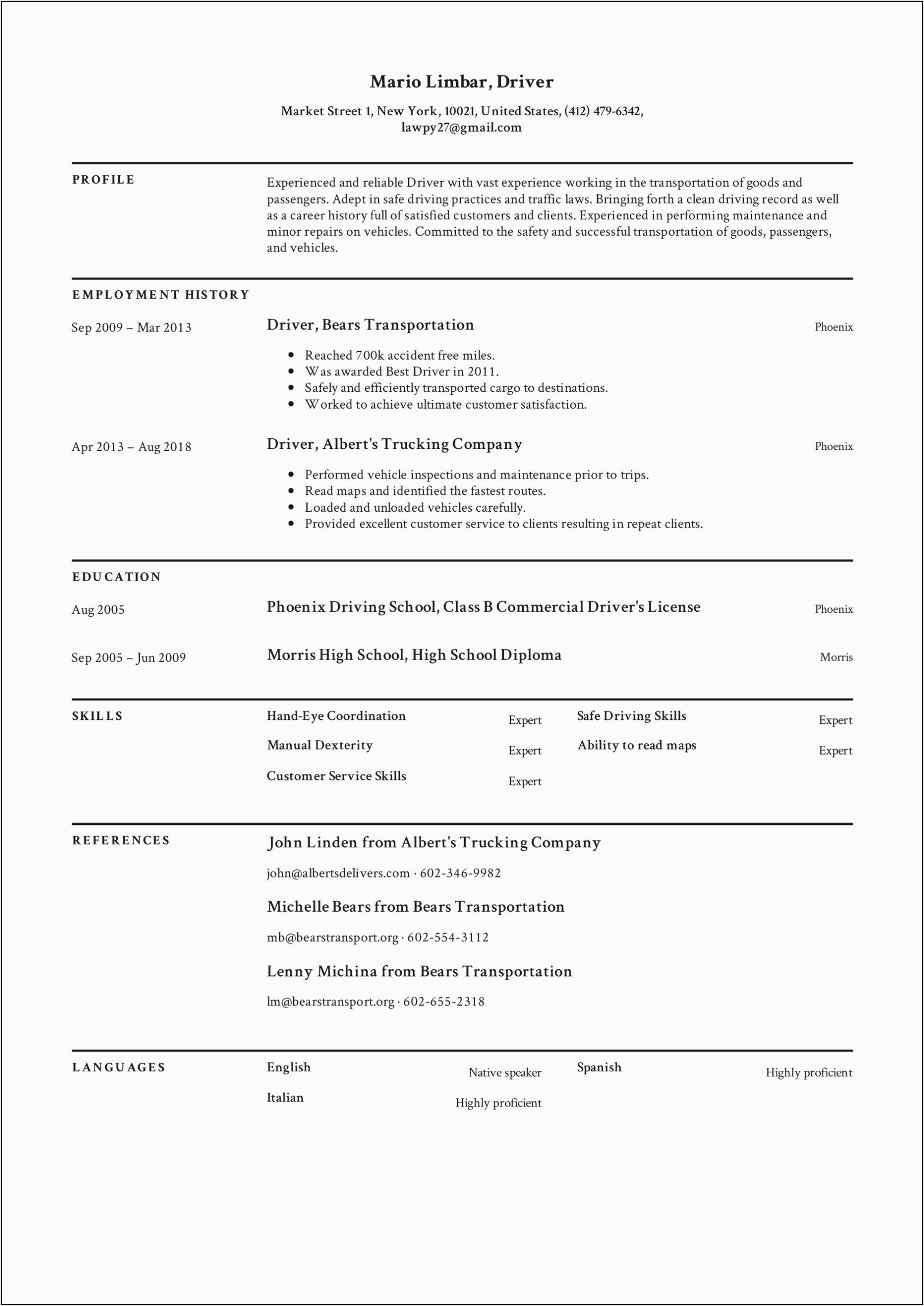 Sample Resume for Truck Driver Position Free Truck Driver Resume Template