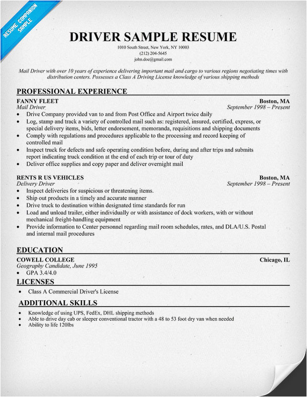 Sample Resume for Truck Driver Position Resume format for Driver Job