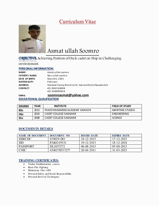Sample Resume format for Seaman Deck Cadet Update Cv