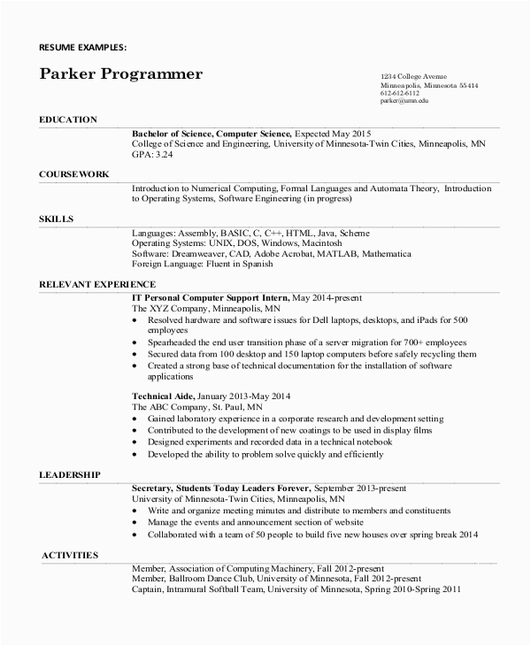 Sample Resume Fresher Computer Science Graduate Engineering Puter Science Resume format for Freshers