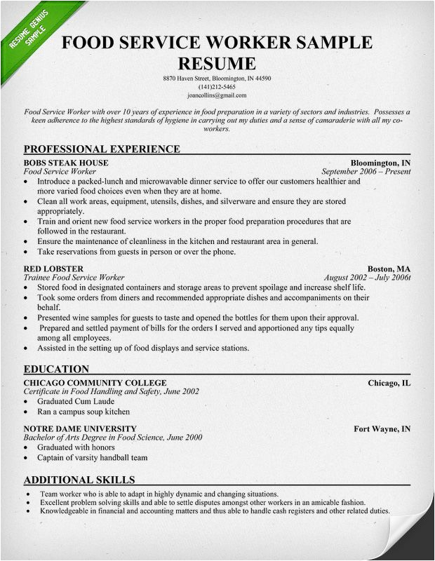 Sample Resume Objectives for Food Service 7 Sample Food Service Resumes Sample Templates Resume